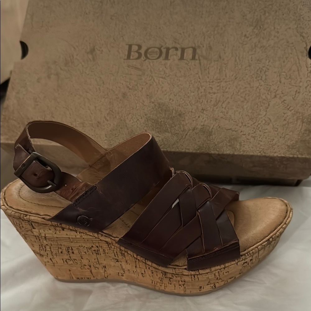 Born Brown Wedge Sandals with Cork Heel: Never worn except to try on.